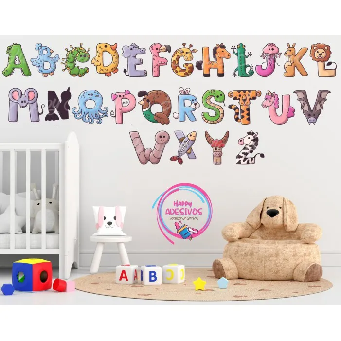 Adesivo Educacional Infantil Alfabeto com Animais Safari para Alfabetização e Ensino em Educação Infantil