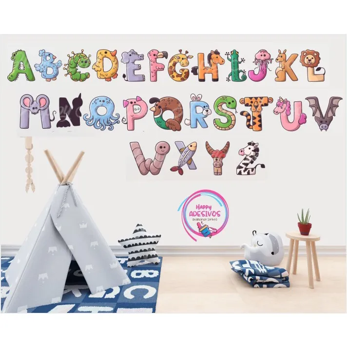 Adesivo Educacional Papel de Parede Alfabeto Safari Animais para Sala de Aula Ensino Infantil e Alfabetização