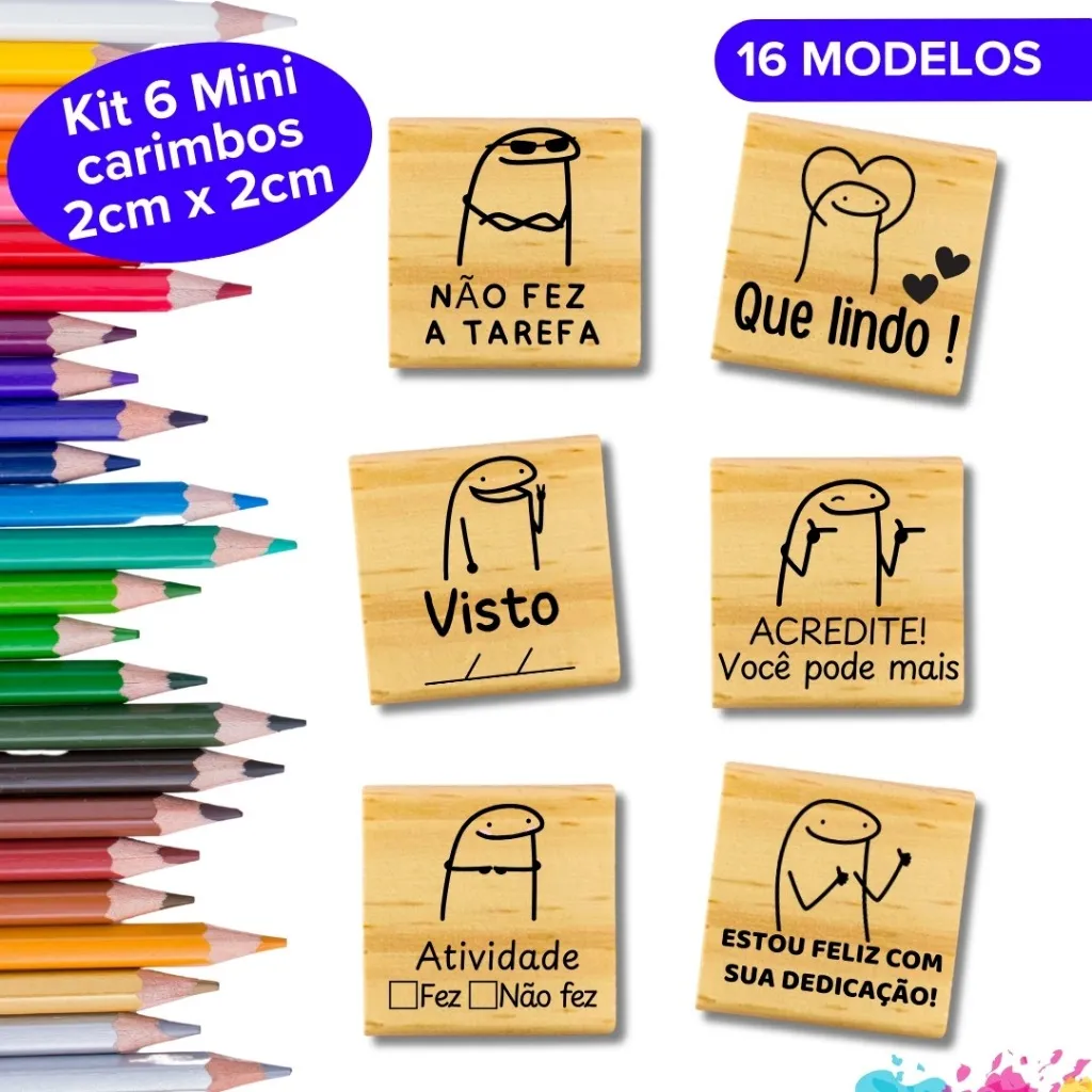 Kit Mini Carimbos Pedagógicos 2x2cm Flork Bento para Incentivo e Feedback em Educação Infantil e Ensino Fundamental